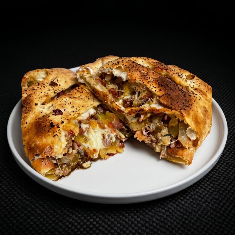A golden-brown calzone, sliced in half, revealing a savory filling of melted cheese, onions, and meat.