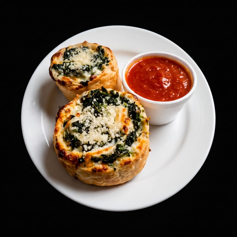 Two baked spinach and cheese pastries with a side of red marinara sauce on a white plate.