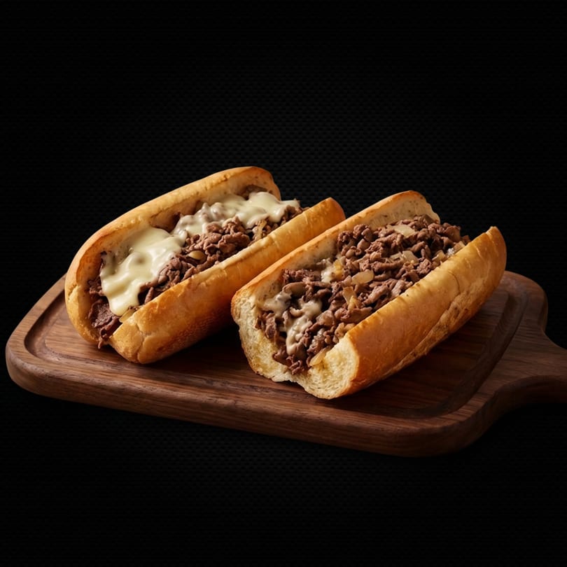 Two delicious cheesesteak sandwiches with melted cheese and steak on a wooden board.