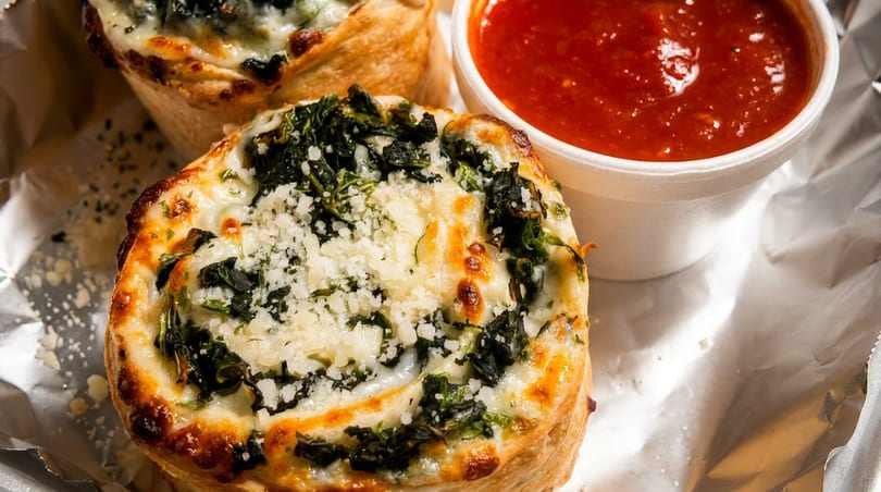 Two golden-brown spinach and cheese rolls with grated cheese, served with a side of red dipping sauce.