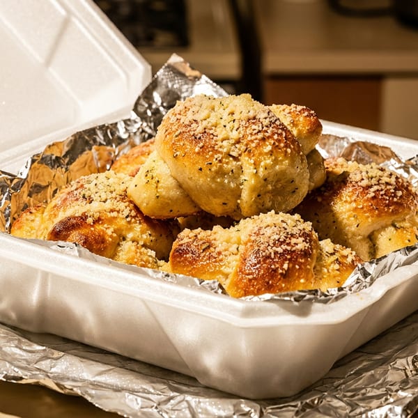 Takeout container filled with golden garlic knots, topped with cheese and herbs.