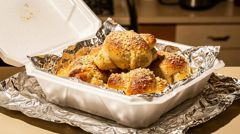 Golden garlic knots with parmesan and herbs in an open white takeout container.