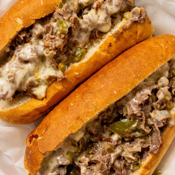 Two delicious cheesesteak sandwiches with melted cheese and green peppers in a white takeout container.
