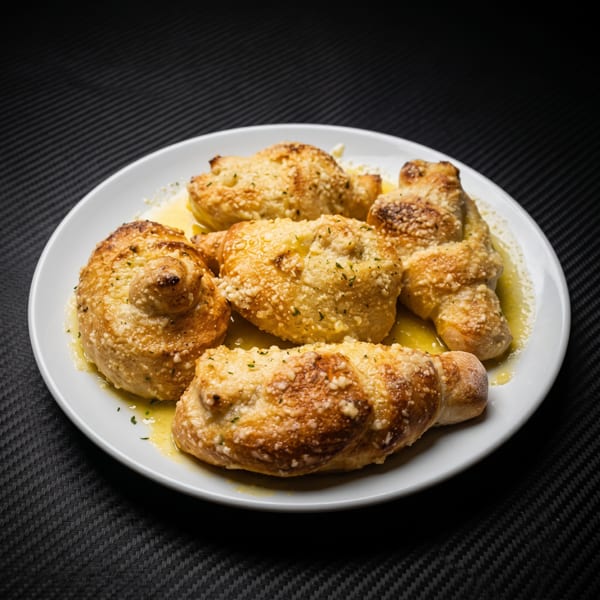 Garlic knots, glistening with butter and sprinkled with cheese and herbs, on a white plate.