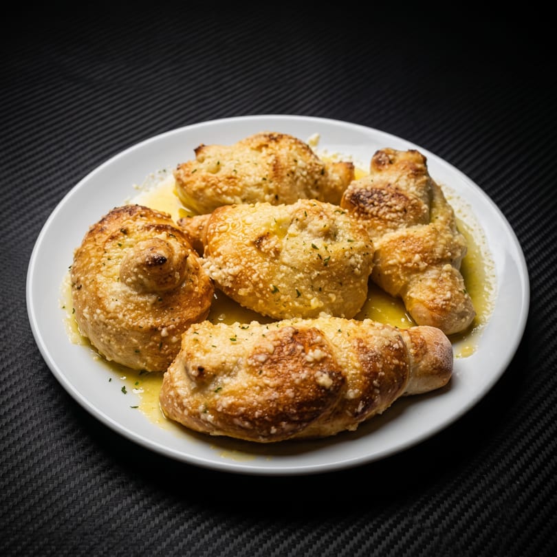 Garlic knots, glistening with butter and sprinkled with cheese and herbs, on a white plate.