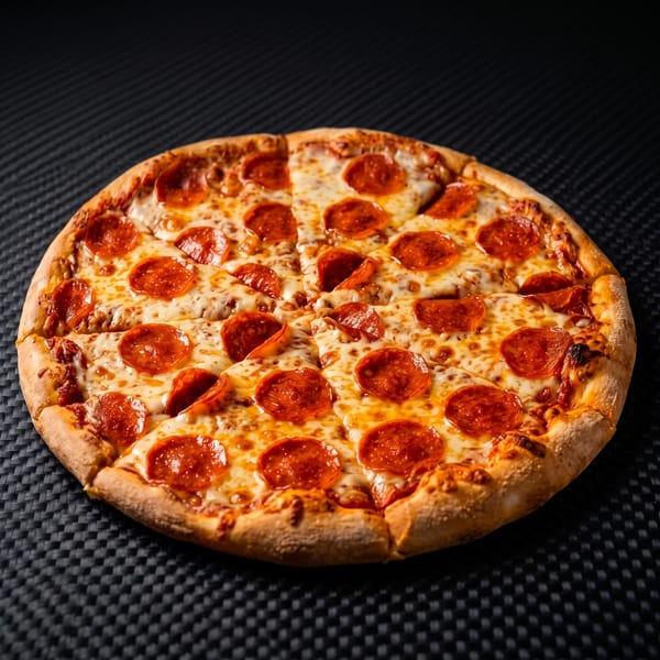 A whole pepperoni pizza, sliced into eight pieces, on a dark textured surface.